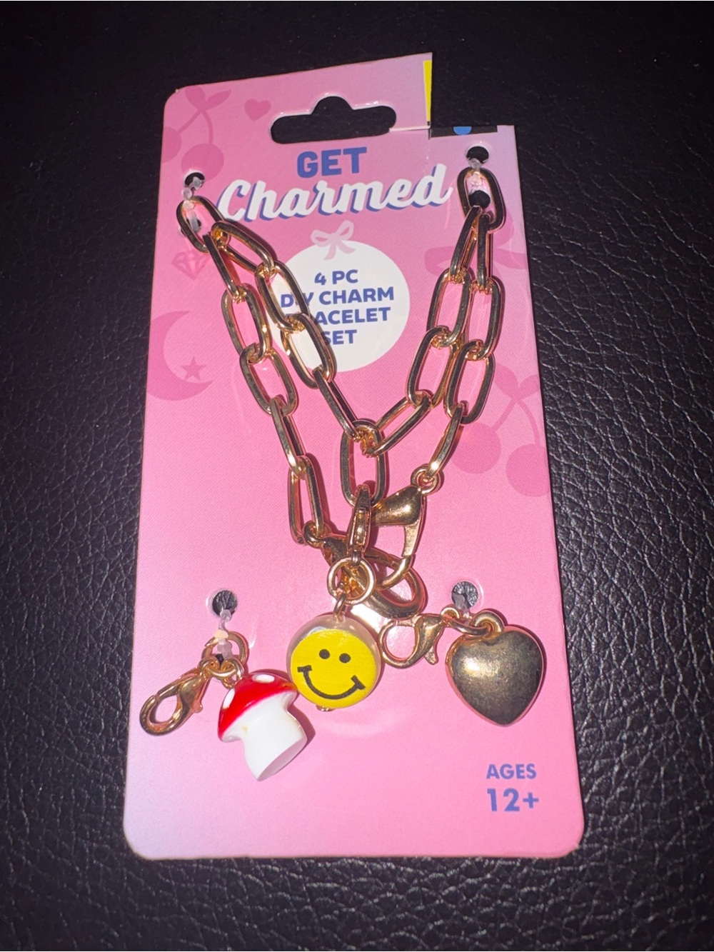 Gold-Tone Charm Bracelet Set with Yellow Smiley, Red Mushroom & Heart
